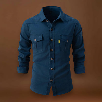 Camisa de Mistura de Denim – Frente com Botões e Ajuste de Manga Rolada