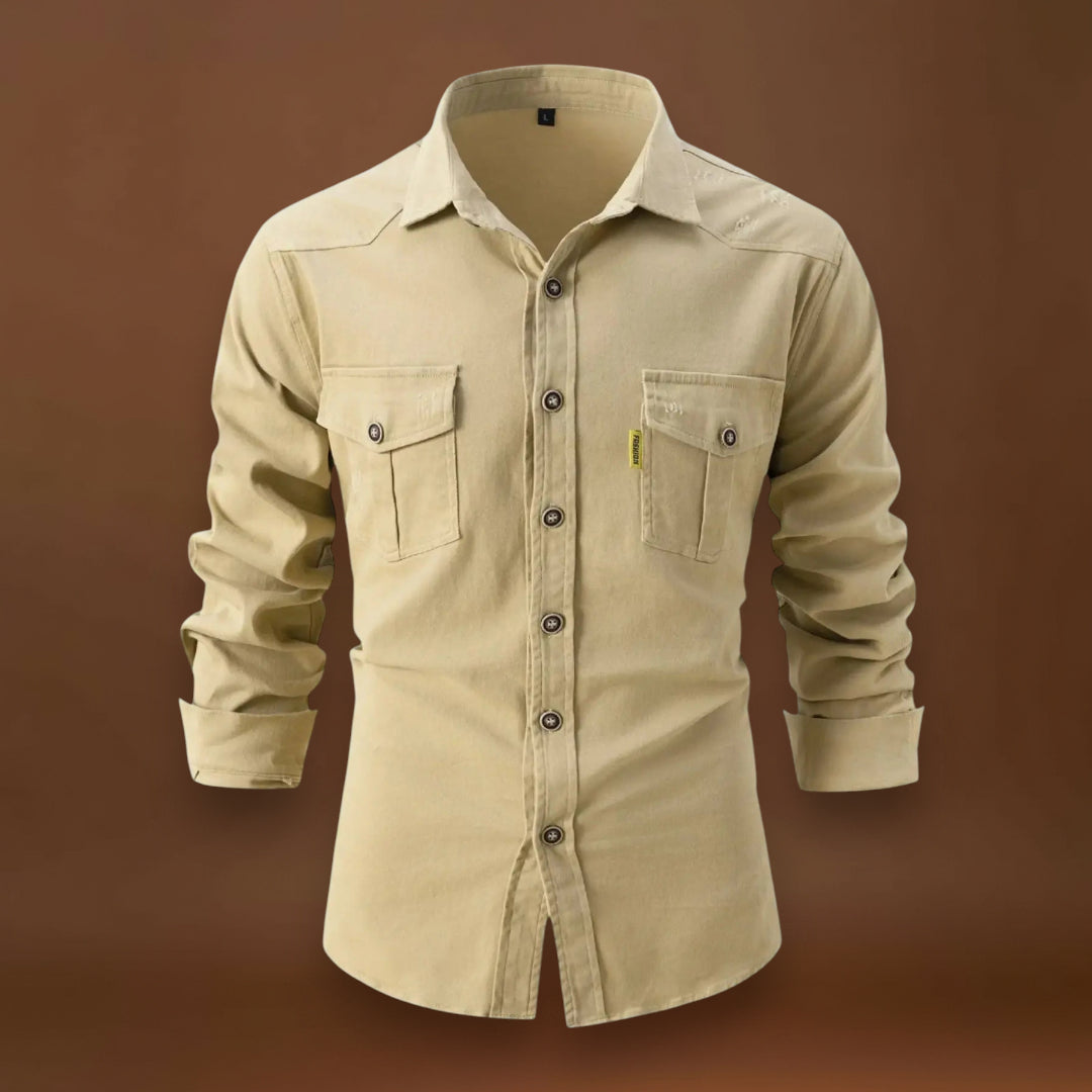 Camisa de Mistura de Denim – Frente com Botões e Ajuste de Manga Rolada