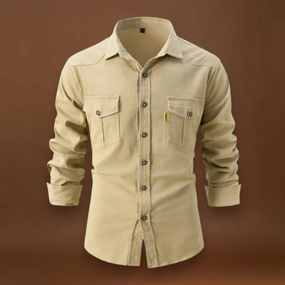 Camisa de Mistura de Denim – Frente com Botões e Ajuste de Manga Rolada