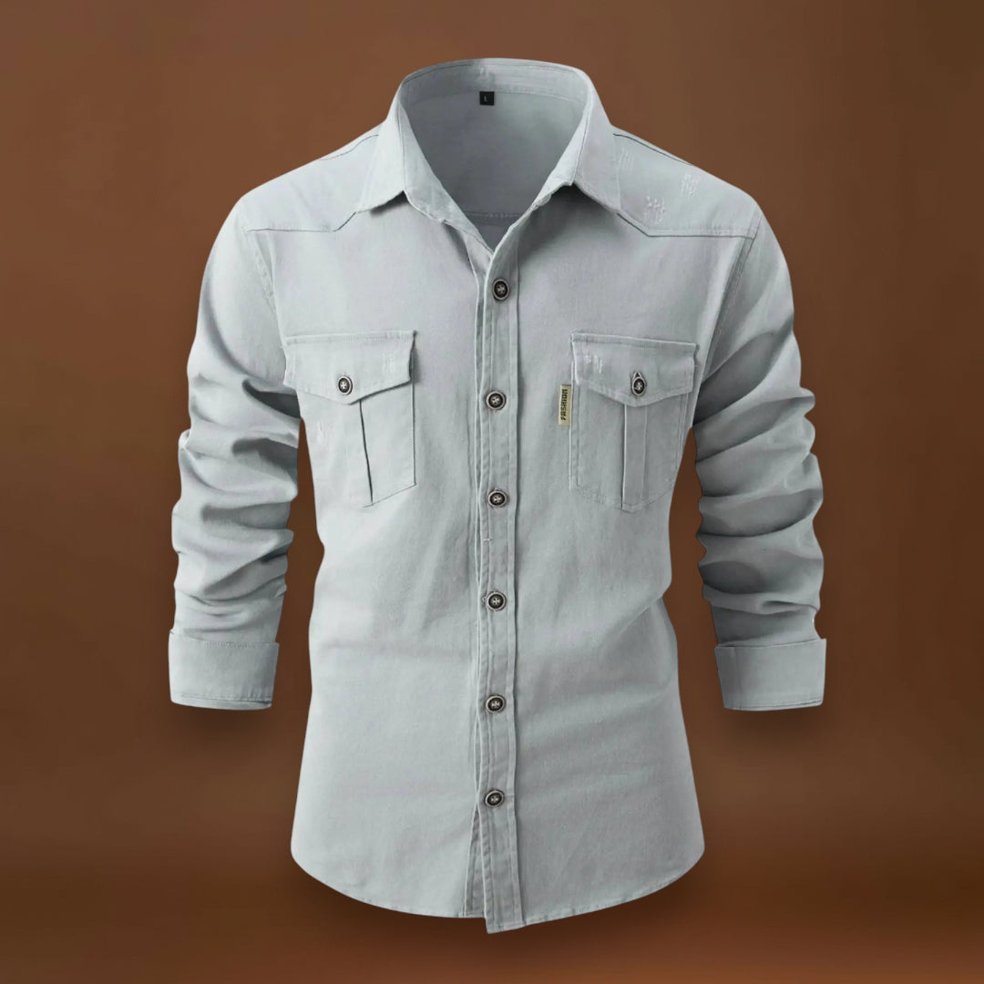 Camisa de Mistura de Denim – Frente com Botões e Ajuste de Manga Rolada