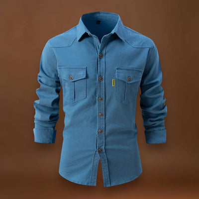 Camisa de Mistura de Denim – Frente com Botões e Ajuste de Manga Rolada