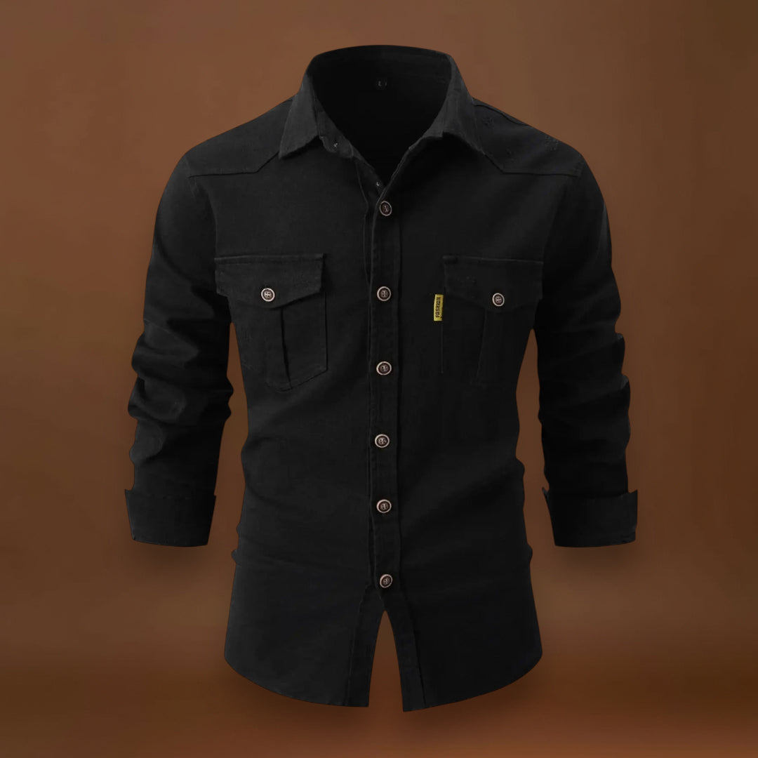 Camisa de Mistura de Denim – Frente com Botões e Ajuste de Manga Rolada