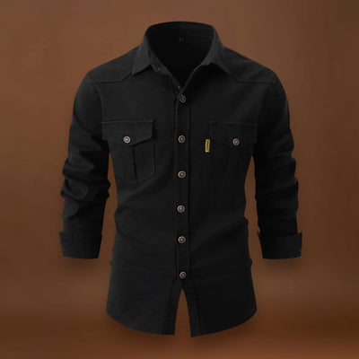 Camisa de Mistura de Denim – Frente com Botões e Ajuste de Manga Rolada