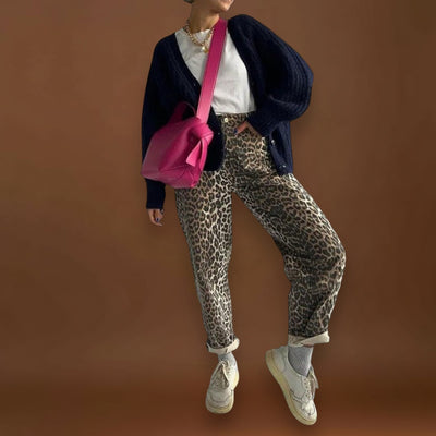 Carina - Calças de ganga vintage com estampado de leopardo