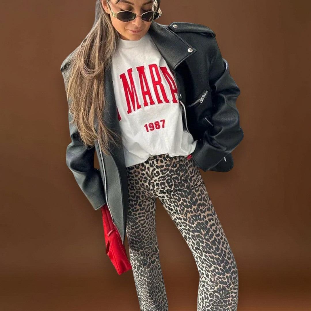 Carina - Calças de ganga vintage com estampado de leopardo