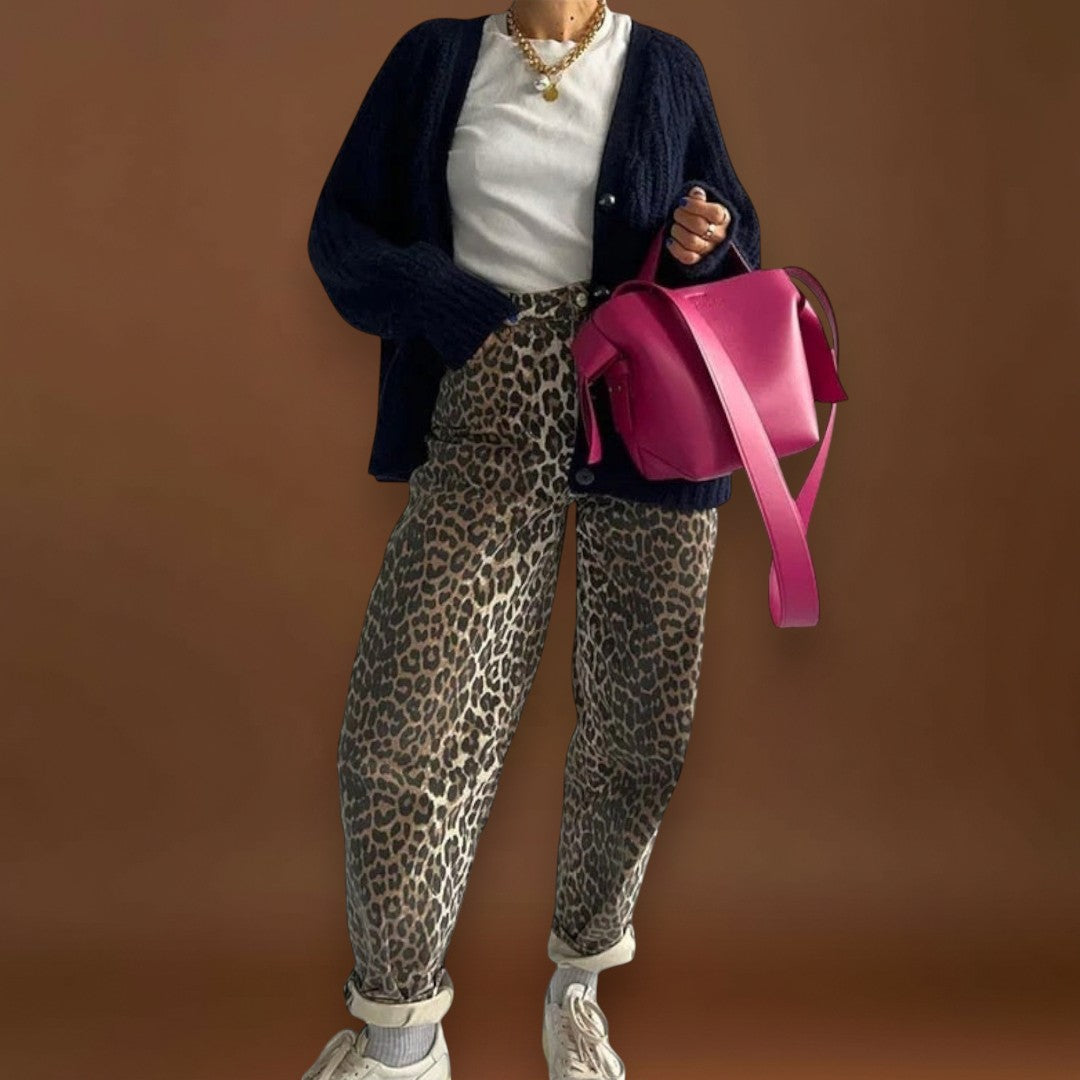 Carina - Calças de ganga vintage com estampado de leopardo