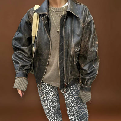 Carina - Calças de ganga vintage com estampado de leopardo