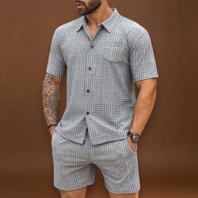 Conjunto de Camisa e Calções – Textura Retro em Malha e Movimento Fácil