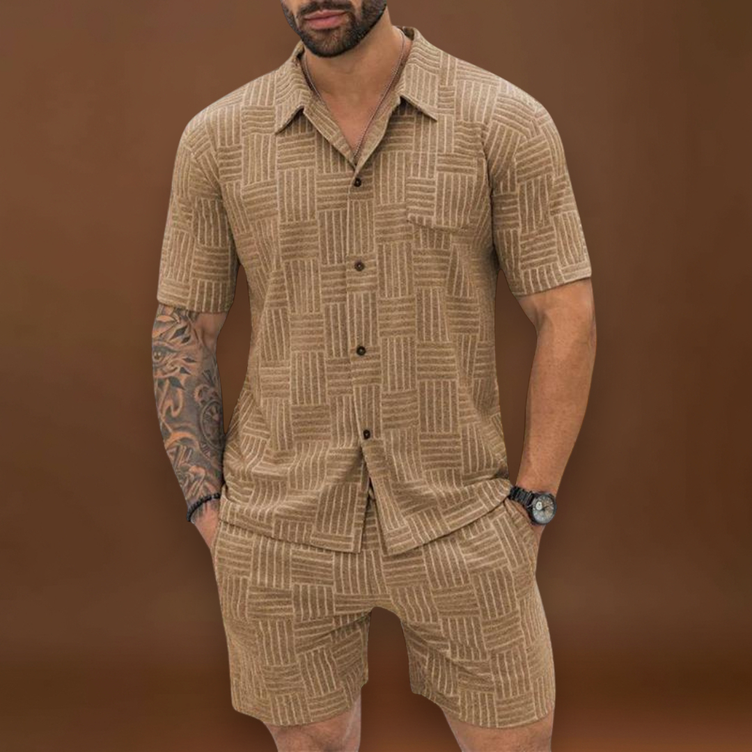 Conjunto de Camisa e Calções – Textura Retro em Malha e Movimento Fácil