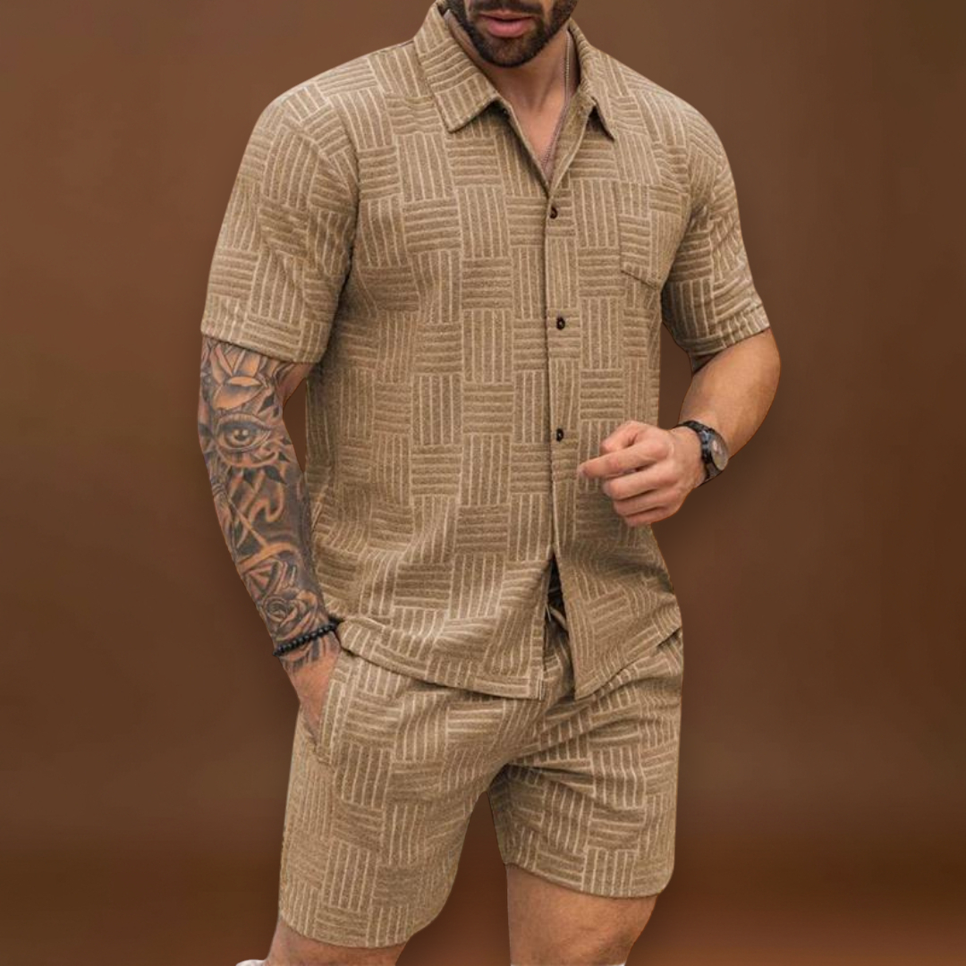 Conjunto de Camisa e Calções – Textura Retro em Malha e Movimento Fácil