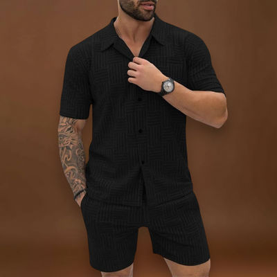 Conjunto de Camisa e Calções – Textura Retro em Malha e Movimento Fácil