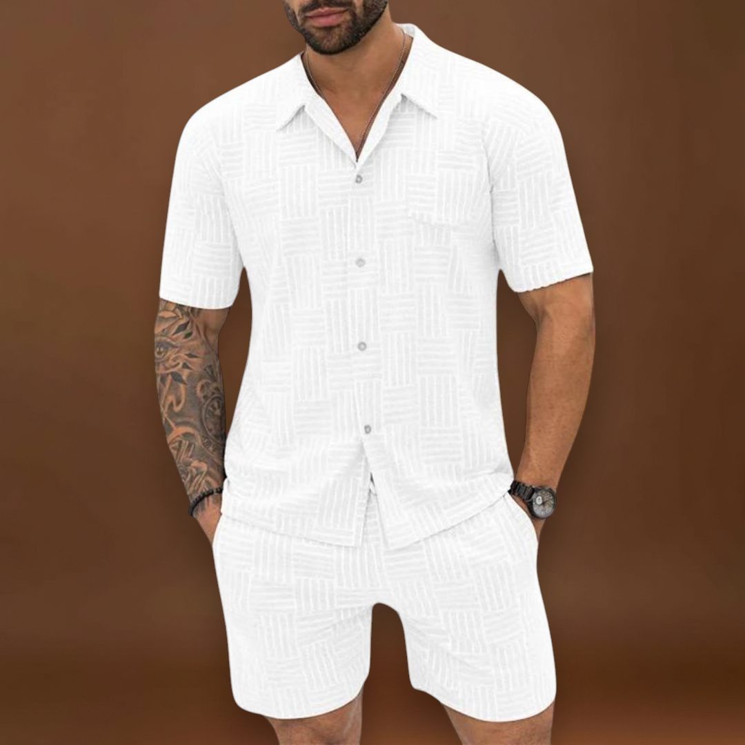 Conjunto de Camisa e Calções – Textura Retro em Malha e Movimento Fácil