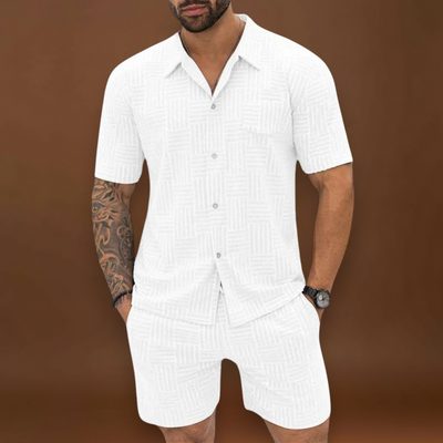 Conjunto de Camisa e Calções – Textura Retro em Malha e Movimento Fácil