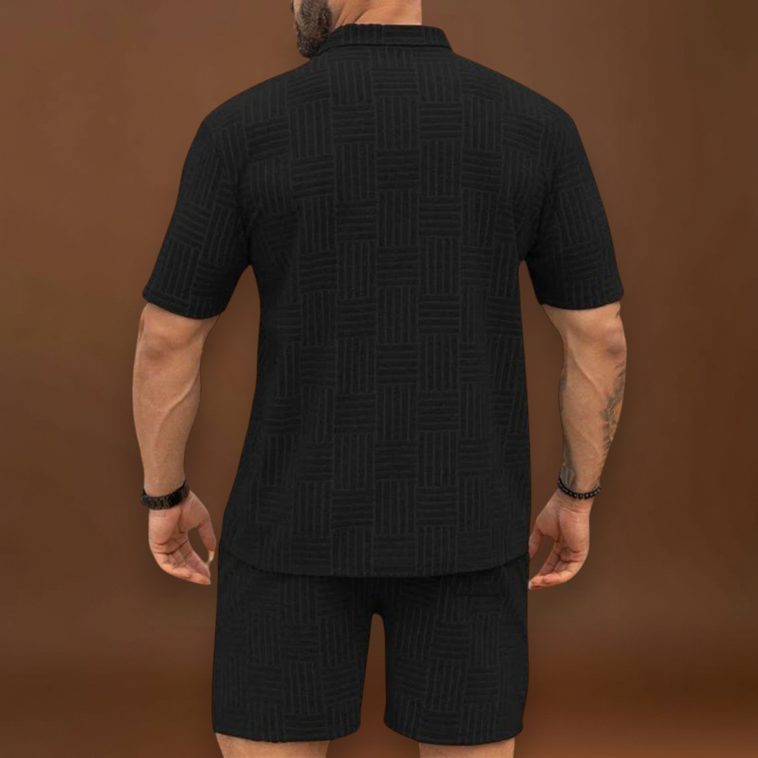 Conjunto de Camisa e Calções – Textura Retro em Malha e Movimento Fácil