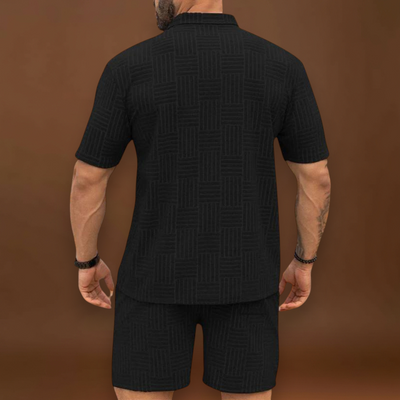 Conjunto de Camisa e Calções – Textura Retro em Malha e Movimento Fácil