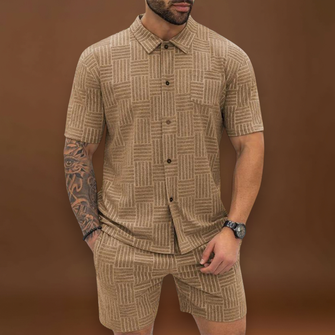 Conjunto de Camisa e Calções – Textura Retro em Malha e Movimento Fácil