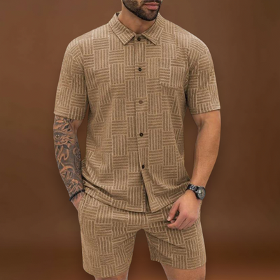 Conjunto de Camisa e Calções – Textura Retro em Malha e Movimento Fácil