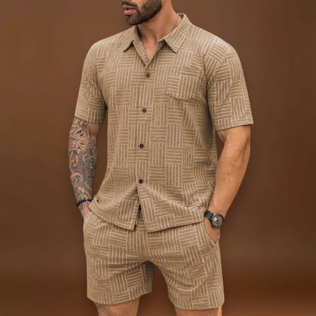 Conjunto de Camisa e Calções – Textura Retro em Malha e Movimento Fácil