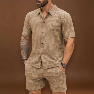 Conjunto de Camisa e Calções – Textura Retro em Malha e Movimento Fácil