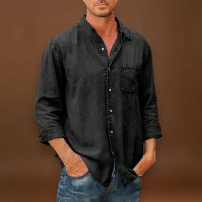 Camisa - Mistura de Denim em Forma Longa com Frente de Botões