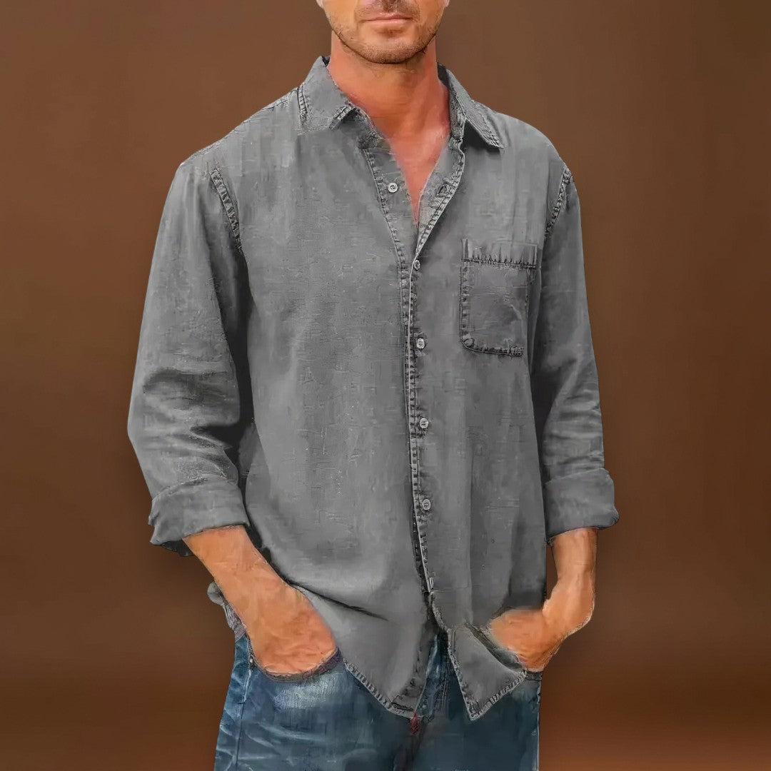 Camisa - Mistura de Denim em Forma Longa com Frente de Botões