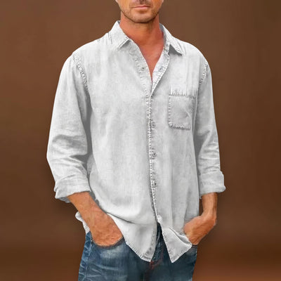 Camisa - Mistura de Denim em Forma Longa com Frente de Botões