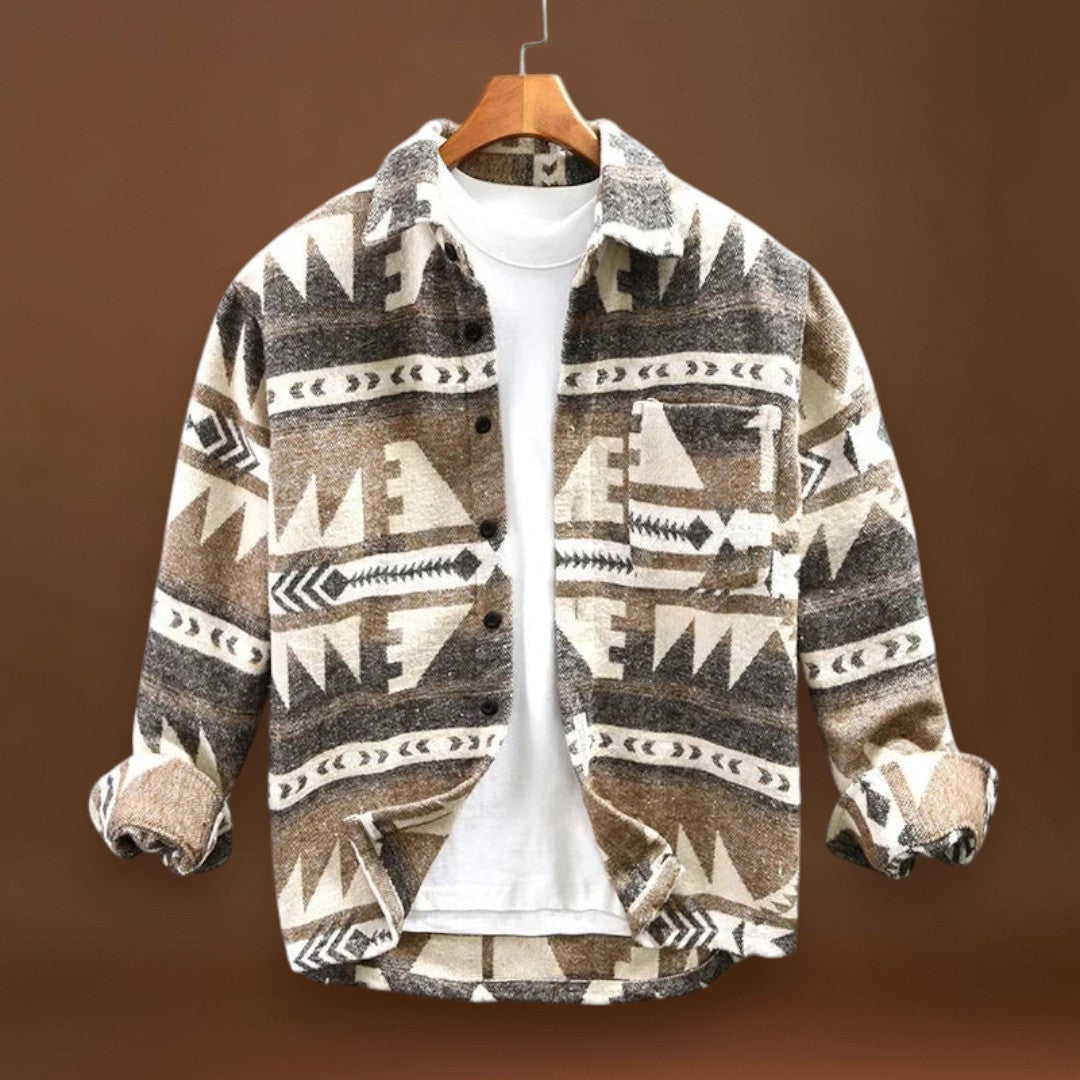 Camisa Casaco – Mistura de Tecido com Padrão Asteca e Forma Aconchegante