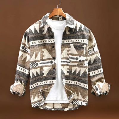 Camisa Casaco – Mistura de Tecido com Padrão Asteca e Forma Aconchegante