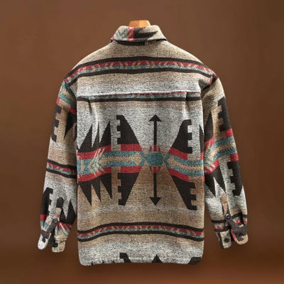 Camisa Casaco – Mistura de Tecido com Padrão Asteca e Forma Aconchegante