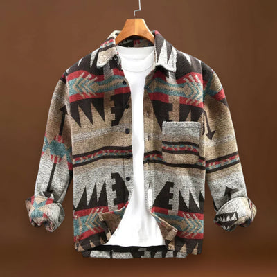 Camisa Casaco – Mistura de Tecido com Padrão Asteca e Forma Aconchegante