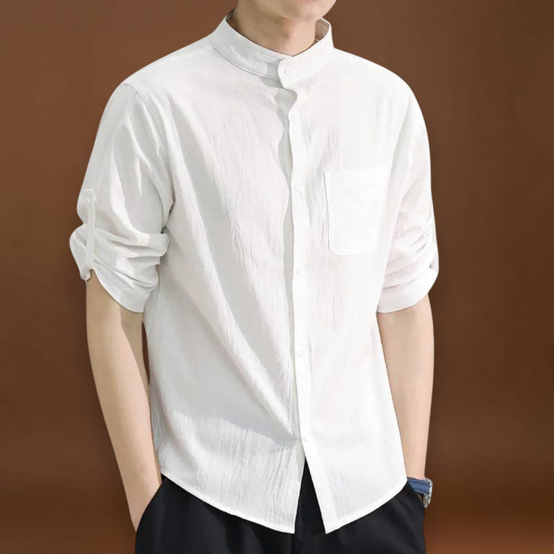 Camisa - Mistura de Poliéster com Gola Mandarim e Forma Elegante