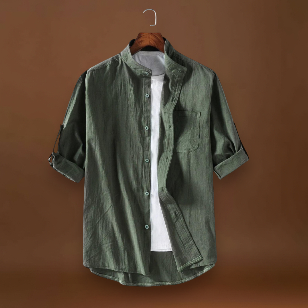 Camisa - Mistura de Poliéster com Gola Mandarim e Forma Elegante