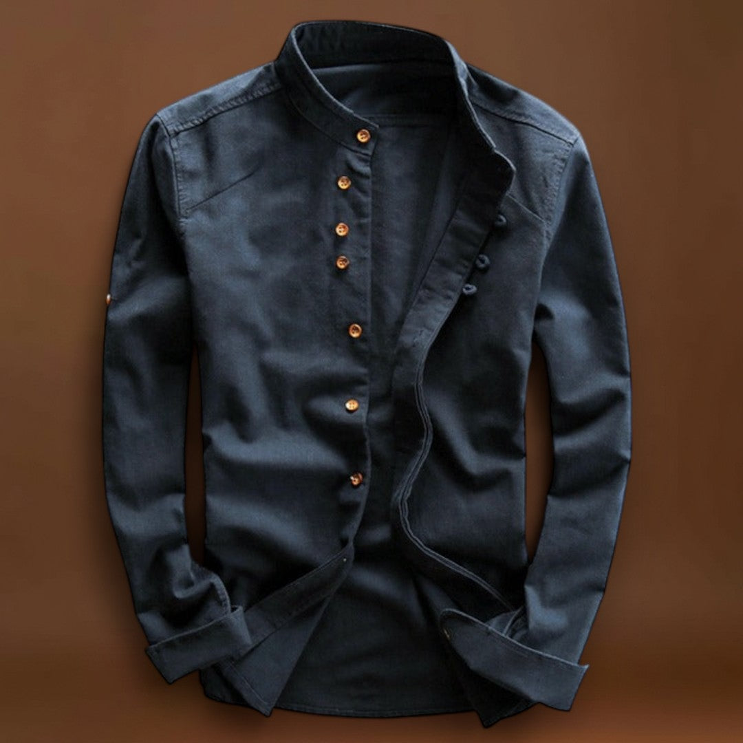 Camisa - Gola Alta e Fecho de Botão Vintage Respirável