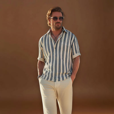 Camisa - Colarinho de Lapela e Manga Curta Listrada Respirável