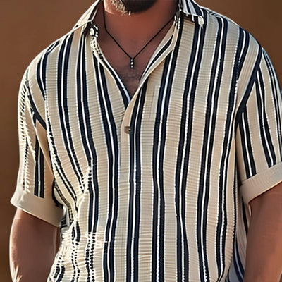 Camisa - Colarinho de Lapela e Manga Curta Listrada Respirável