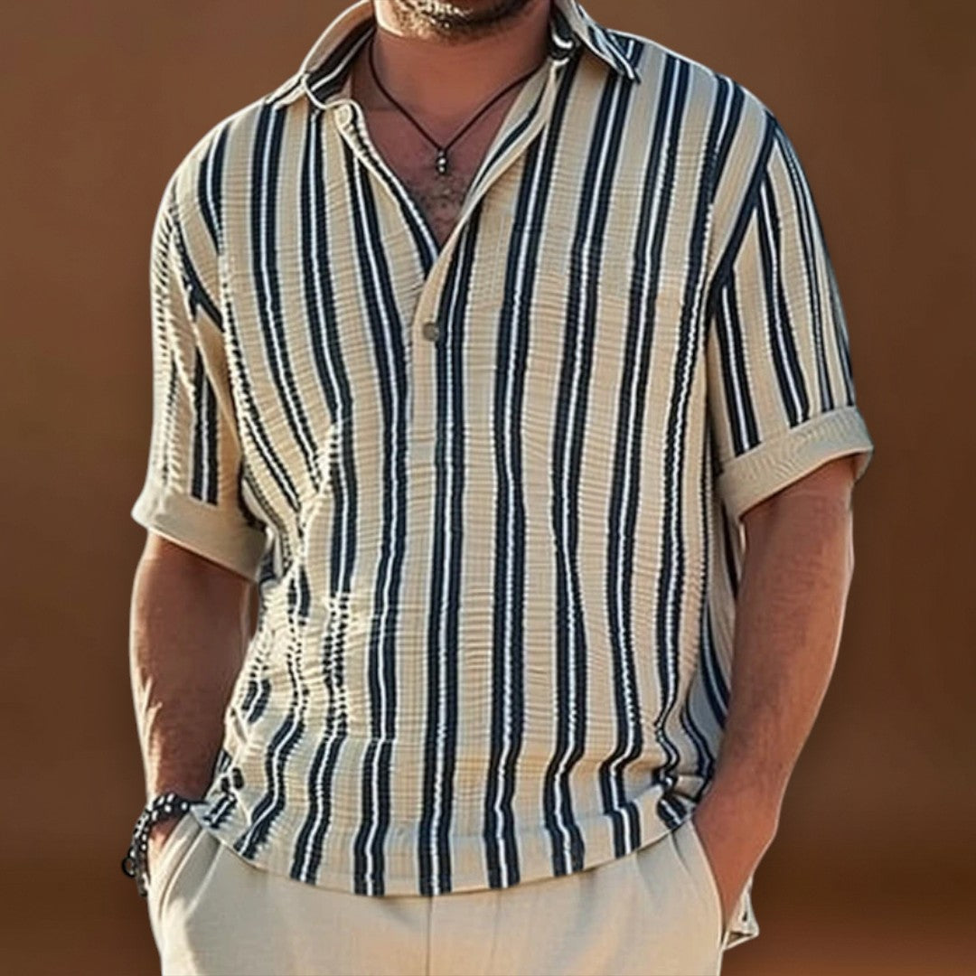 Camisa - Colarinho de Lapela e Manga Curta Listrada Respirável