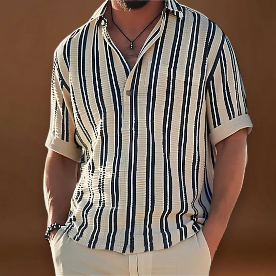 Camisa - Colarinho de Lapela e Manga Curta Listrada Respirável