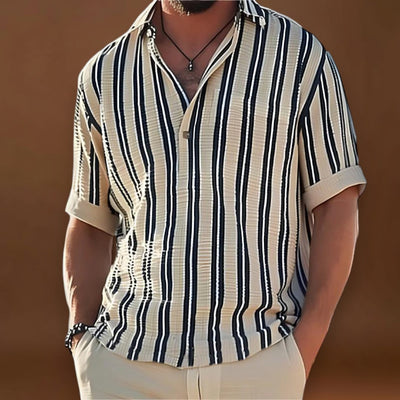 Camisa - Colarinho de Lapela e Manga Curta Listrada Respirável