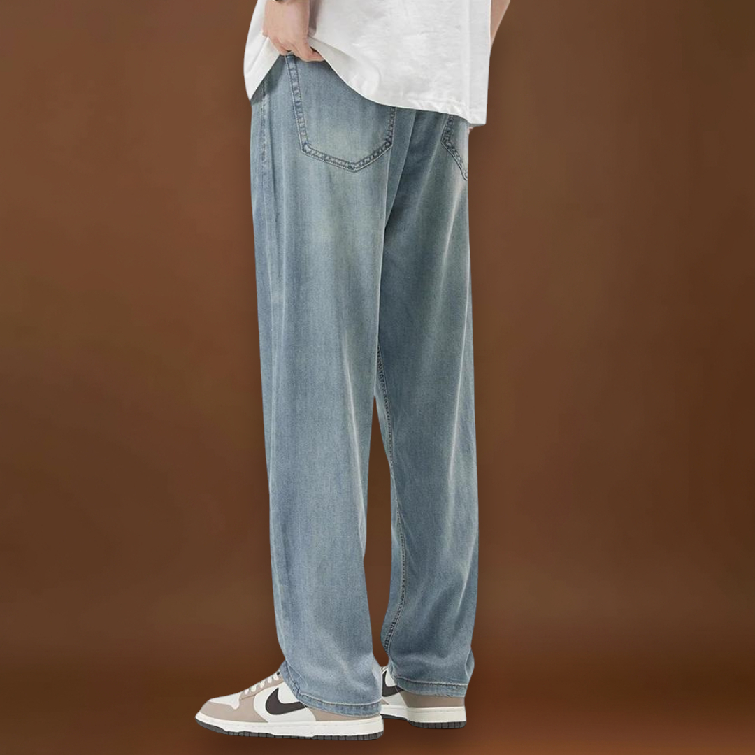 Calças - Mistura de Denim com Cintura Baixa e Corte Relaxado na Anca