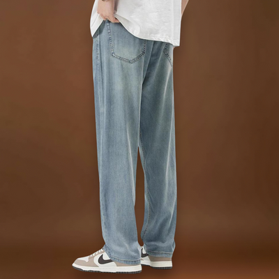 Calças - Mistura de Denim com Cintura Baixa e Corte Relaxado na Anca