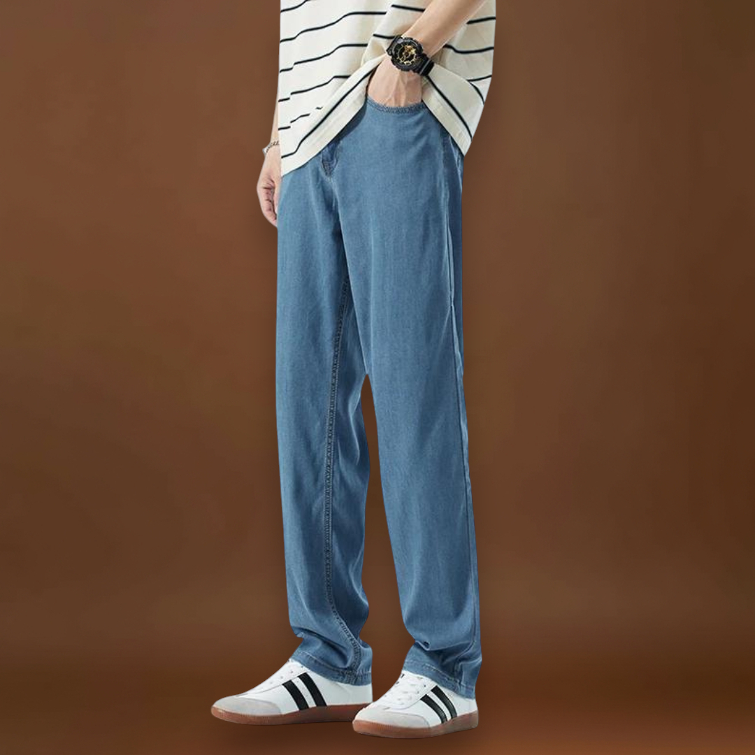 Calças - Mistura de Denim com Cintura Baixa e Corte Relaxado na Anca