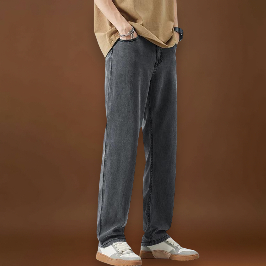 Calças - Mistura de Denim com Cintura Baixa e Corte Relaxado na Anca