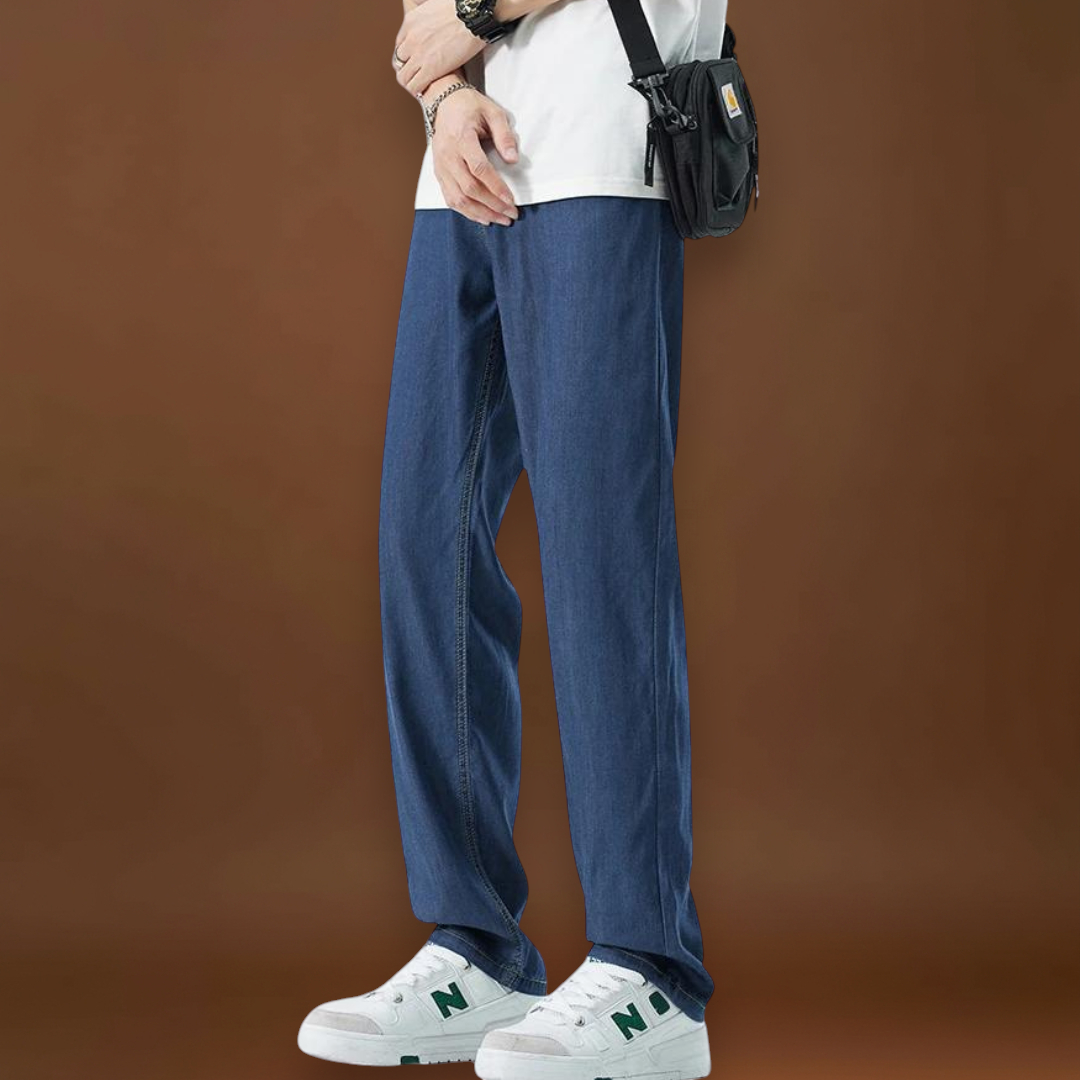 Calças - Mistura de Denim com Cintura Baixa e Corte Relaxado na Anca