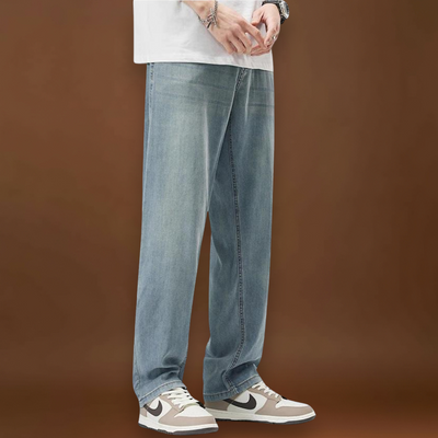 Calças - Mistura de Denim com Cintura Baixa e Corte Relaxado na Anca