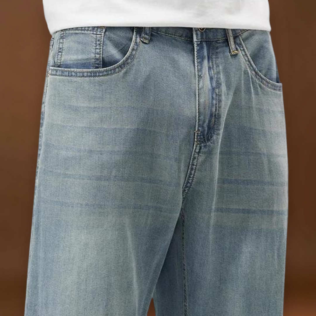 Calças - Mistura de Denim com Cintura Baixa e Corte Relaxado na Anca