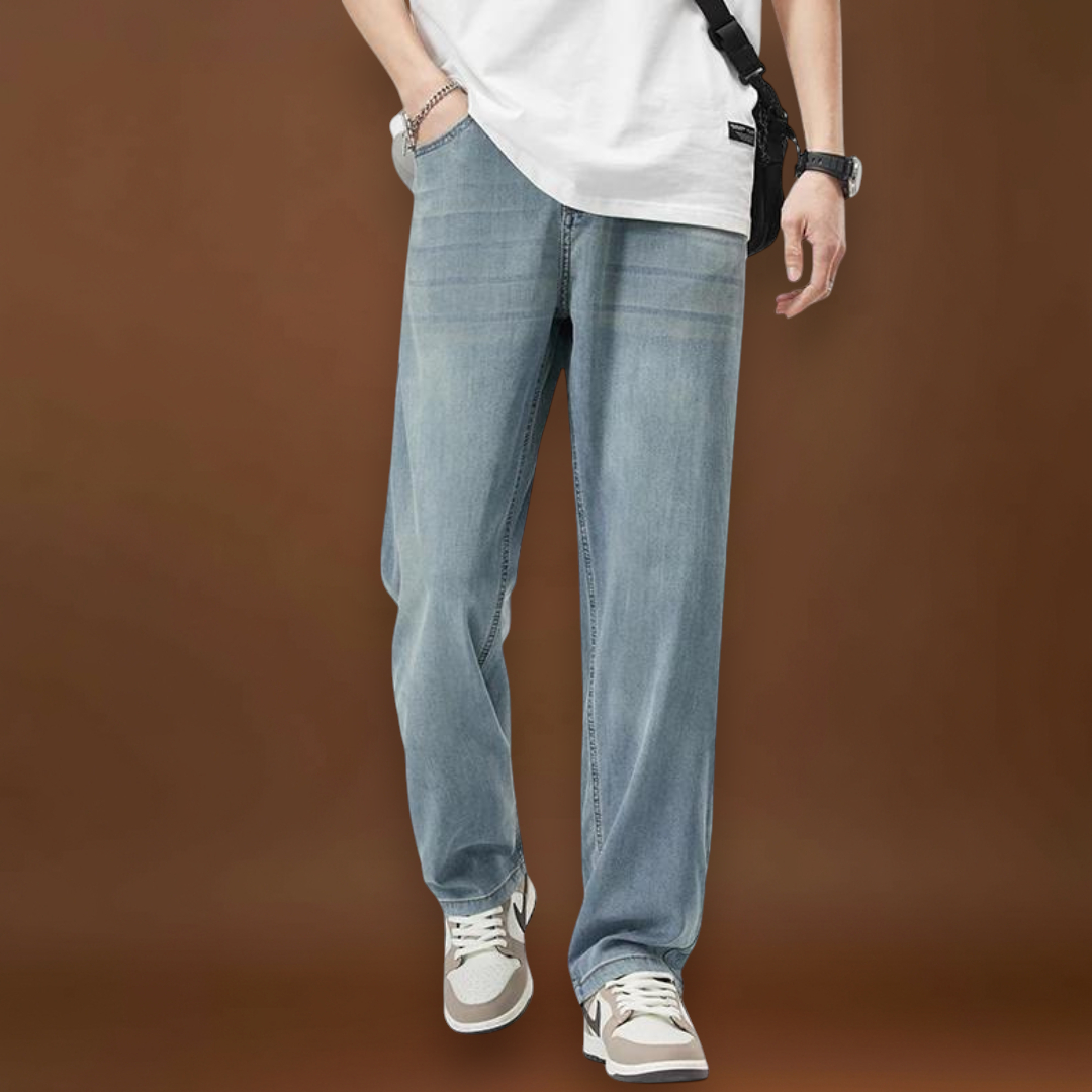 Calças - Mistura de Denim com Cintura Baixa e Corte Relaxado na Anca