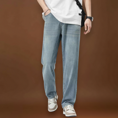 Calças - Mistura de Denim com Cintura Baixa e Corte Relaxado na Anca