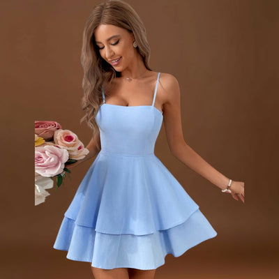 Alice - Mini vestido sem costas com alças com laço e saia em camadas