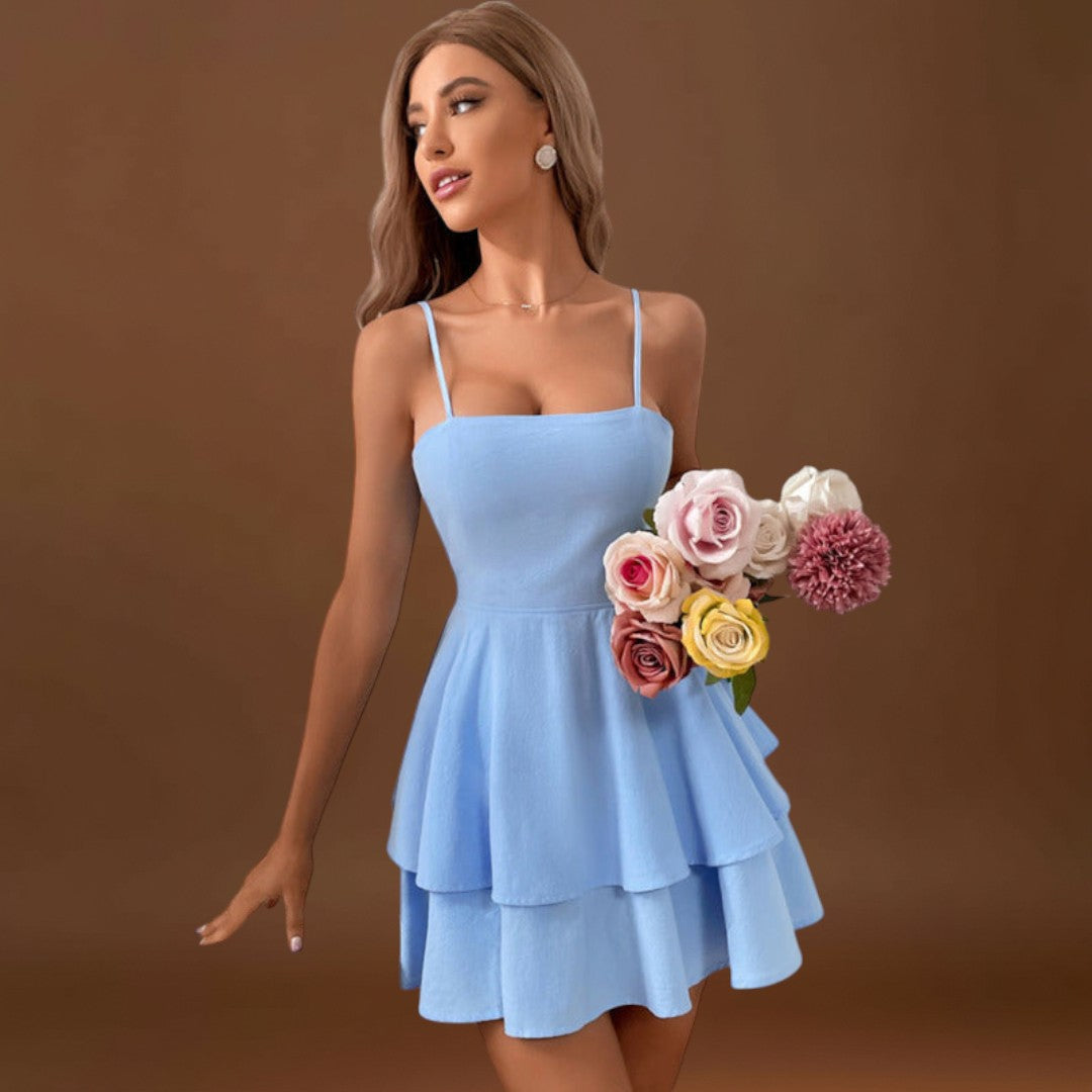 Alice - Mini vestido sem costas com alças com laço e saia em camadas