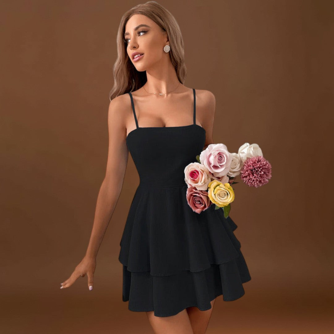 Alice - Mini vestido sem costas com alças com laço e saia em camadas